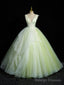 Green V Neck Tulle Lace Long Prom Dress, A Line Sleeveless Prom Dress