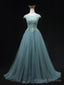 Blue Scoop Neckline Tulle Lace Long Prom Dress, Beautiful Lace Formal Evening Dress
