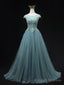 Blue Scoop Neckline Tulle Lace Long Prom Dress, Beautiful Lace Formal Prom Dress