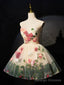 Champagne Scoop Neck Short Prom Dress with Flowers, Cute A Line Prom Dress