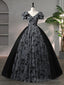Beautiful Black Rhinestone Flower Prom Dress, Black V Neck Short Sleeve Prom Dress