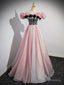 A Line Shiny Tulle Long Pink Corset Prom Dress, Off the Shoulder Pink Prom Dress