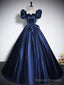 Elegant Blue Satin Floor Length Prom Dresses, Square Neckline Puffy Short Sleeve Bow Formal Dresses
