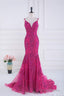 Magenta Straps V-Neck Sequin Appliques Mermaid Prom Dresses