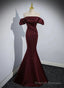 Maroon Satin Mermaid Off Shoulder Prom Dress, Maroon Prom Dress