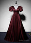 Maroon Satin Short Sleeves Low Back Long Prom Dresses Maroon Prom Dresses