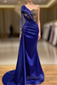 Mermaid Asymmetrical Sequined Floor Length Appliques Lace With Side Train Prom Dresses