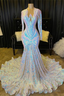 Mermaid Asymmetrical Sequined Floor Length Long Sleeve Appliques Lace Prom Dress