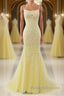 Mermaid Backless Yellow Lace Long Prom Dresses, Mermaid Yellow Formal Dresses, Yellow Lace Evening Dresses
