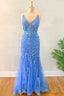 Mermaid Blue Floral Lace Prom Dresses Long Prom Dresses Appliques