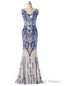 Mermaid Blue Sequins V Neck Prom Dress