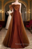 Mermaid Brown Tulle Satin Strapless Long Prom Dresseses Prom Dresses With Bow(S)