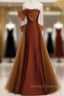 Mermaid Brown Tulle Satin Strapless Long Prom Dresseses Prom Dresses