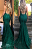 Mermaid Dark Green Prom Dresses Lace Long Prom Dress Spaghetti Straps Backless Prom Dresses