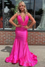 Mermaid Deep V Neck Hot Pink Long Prom Dress with Backless
