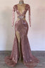 Mermaid Gorgeous Sequins V Neck Long-Sleeves Side-Slit Prom Dresses