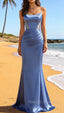 Mermaid Grey Blue Satin Spaghetti Straps Long Prom Dress
