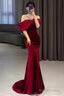 Mermaid Halter Red Velvet Prom Dresses Long Prom Dresses