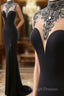 Mermaid High Neck Beaded Jersey Black Prom Gown With Slit