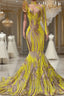 Mermaid High Neck One Shoulder Sequined Floor Length Long Sleeve Lace Prom Dresses
