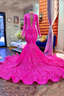 Mermaid High Neck Sequined Floor Length Long Sleeve Appliques Lace Prom Dress