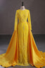 Mermaid Jewel Lace Sequined Floor Length Long Sleeve Detachable Train Elegant Prom Dress