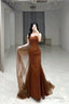 Mermaid Prom Dresses Long Strapless Brown Satin Prom Dresses