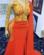 Mermaid Orange Prom Dress Gold Lace Long Sleeves