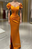 Mermaid Orange Satin Cap Sleeve Slit Dress