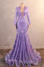 Mermaid Prom Dresses High Neck Long Sleeve Purple Sparkly Sequin Mermaid Long Prom Dresses