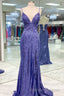 Mermaid Purple Sequins Prom Dresses Long with Slit Navy Blue Prom Gowns
