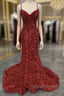 Mermaid Red Spaghetti Straps Velvet Sequin Prom Dress