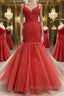 Mermaid Red Tulle Lace Long Prom Dress Mermaid Red Prom Dress Red Lace Prom Dress