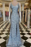 Mermaid Silver Sequin Prom Dresses V-Neck Long Prom Gown Slit