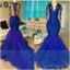 Mermaid Sleeveless Lace Tulle Royal-Blue Prom Dresses