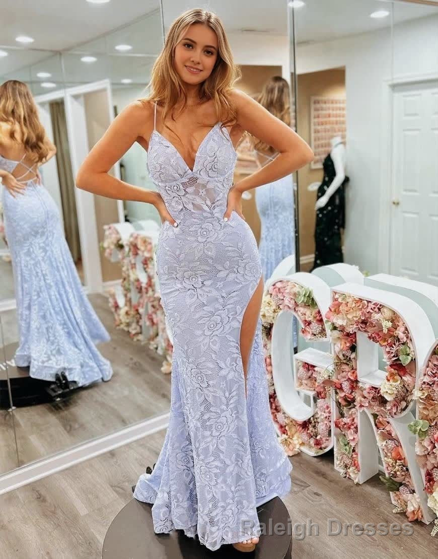 Mermaid Spaghetti Straps Lace Criss Cross Prom Dresses with Slit LBQ3930