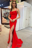 Mermaid Spaghetti Straps Red Long Prom Dress with Split Front