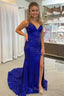Mermaid Spaghetti Straps Royal Blue Sequins Long Prom Dress with Split Front