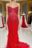 Mermaid Strapless Sequin-Embroidered Prom Dresses Long with Feathers
