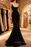 Mermaid Straps Long Black Sequin Prom Dresses