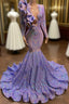Mermaid V-Neck Appliques Lace Sequined Open Back Floor-Length Long Sleeve Prom Dresses