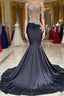 Mermaid V Neck Appliques Lace Sequined Open Back One Shoulder Floor Length Sleeveless Prom Dresses