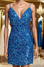 Mermaid V Neck Blue Sequins Short Prom Dresses, Mermaid Blue Homecoming Dresses, Blue Formal Evening Dresses