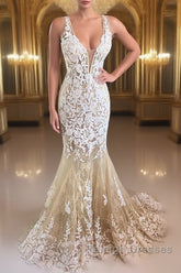 Mermaid V Neck Champagne Lace Prom Dress, Mermaid Champagne Formal Dress, Champagne Lace Evening Dress