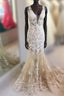 Mermaid V Neck Champagne Lace Prom Dresses Mermaid Champagne Prom Dresses