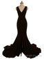 Mermaid V Neck Front Slit Backless Women Black Prom Dress