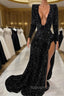 Mermaid V Neck High Split Sequined Floor Length Long Sleeve Prom Dresses