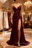Mermaid V Neck Satin Lace Burgundy Long Prom Dress, Burgundy Long Formal Dress