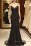 Mermaid V Neck Sequined Black Prom Dress Spaghetti Straps