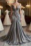 Mermaid V Neck Silver Spaghetti Straps Satin Long Prom Dress Sexy Evening Dress